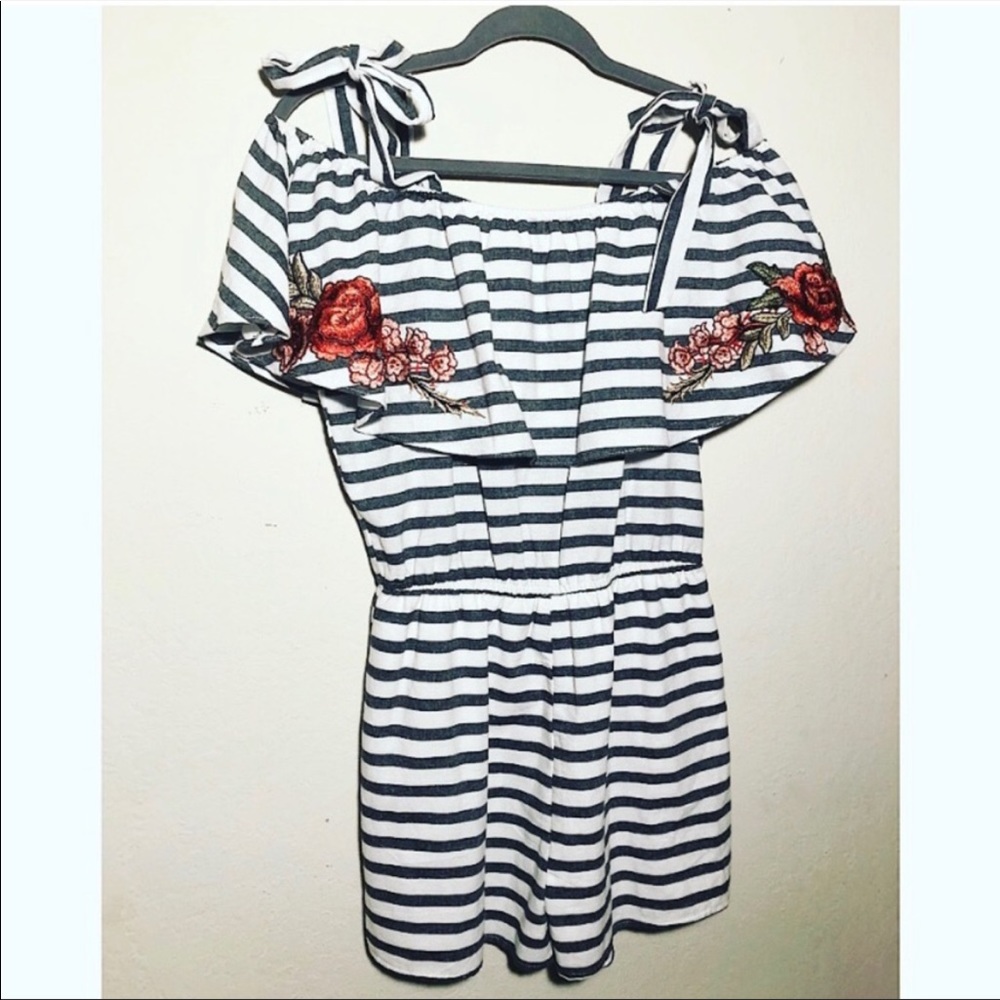 She and Sky Romper off the shoulder striped Sz L